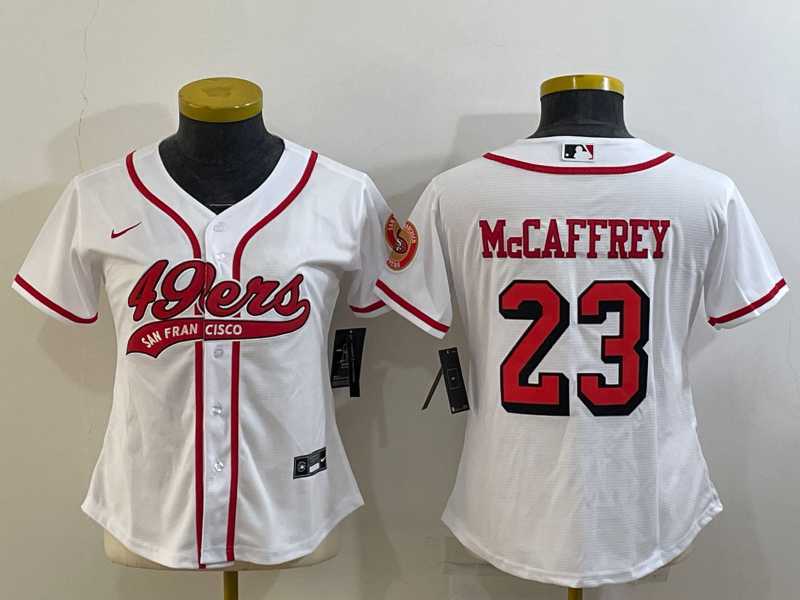 Women%27s San Francisco 49ers #23 Christian McCaffrey White Color Rush With Patch Cool Base Stitched Baseball Jersey